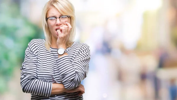 Young Beautiful Blonde Woman Wearing Glasses Isolated Background Looking Stressed — Stock Photo, Image
