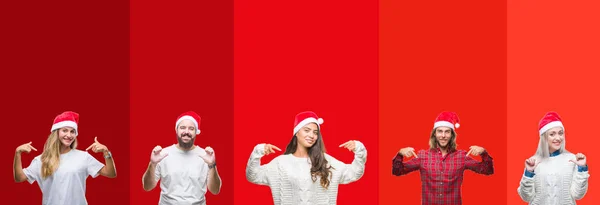 Collage Grupo Jóvenes Con Sombrero Crismástil Sobre Fondo Aislado Que — Foto de Stock