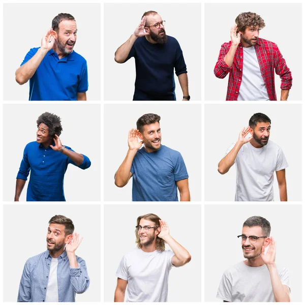 Collage Group Men White Isolated Background Smiling Hand Ear Listening — Stock Photo, Image