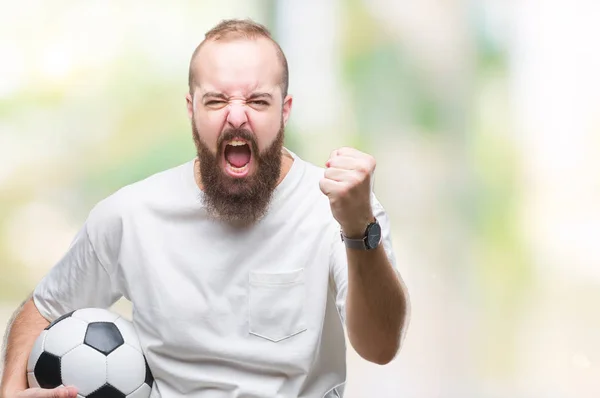 Young Caucasian Hipster Man Holding Soccer Football Ball Isolated Background — Stock Photo, Image