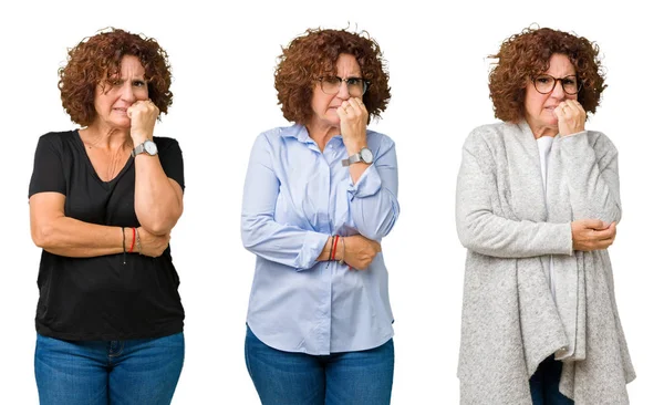 Kolaż Średnim Wieku Starszy Kobieta Biały Białym Tle Patrząc Zestresowany — Zdjęcie stockowe