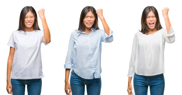 Collage Mujer Joven Asiática Pie Sobre Fondo Blanco Aislado Enojado —  Fotos de Stock