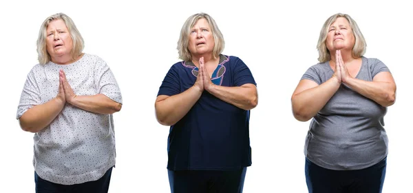 Collage Van Senior Dikke Vrouw Geïsoleerde Achtergrond Bedelen Bidden Met — Stockfoto