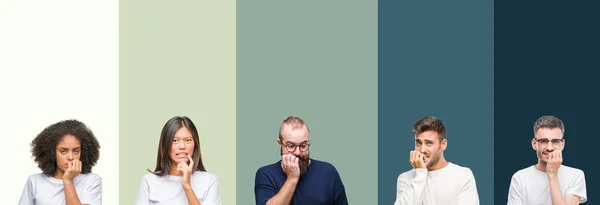 Colagem Grupo Jovens Sobre Fundo Isolado Colorido Olhando Estressado Nervoso — Fotografia de Stock