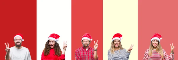 Collage Group Young People Wearing Chrismast Hat Isolated Background Smiling — Stock Photo, Image