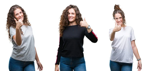 Colagem Jovem Morena Cabelo Encaracolado Menina Sobre Fundo Isolado Fazendo — Fotografia de Stock