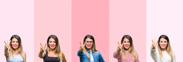 Colagem Jovem Bela Mulher Sobre Listras Rosa Isolado Fundo Mostrando — Fotografia de Stock