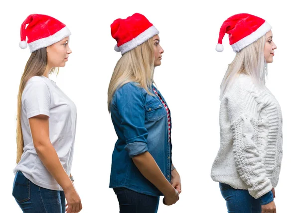 Kollázs Csoport Fiatal Nők Karácsonyi Kalapot Visel Elszigetelt Háttér Oldalon — Stock Fotó