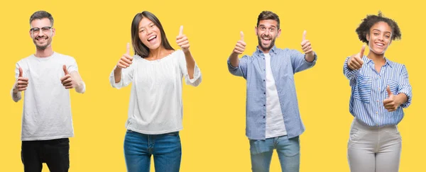 Collage Aus Gruppenmenschen Frauen Und Männern Vor Buntem Gelbem Hintergrund — Stockfoto