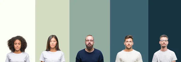 Collage Gruppo Giovani Sfondo Colorato Isolato Con Espressione Seria Sul — Foto Stock