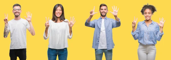 コラージュ カラフルな黄色分離背景表示と指で上向きにグループの人々 男女の数は自信を持って 幸せな笑みを浮かべている間 — ストック写真