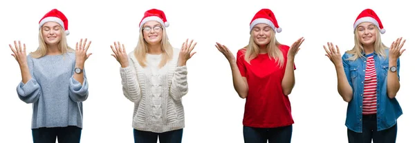 Collage Unga Vackra Blonda Kvinnan Bär Jul Hatt Över Vita — Stockfoto