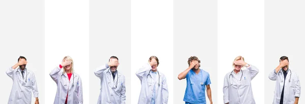 Collage Von Professionellen Ärzten Über Streifen Isolierten Hintergrund Lächelnd Und — Stockfoto