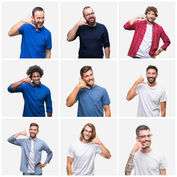 Collage Gruppo Uomini Sfondo Bianco Isolato Sorridente Facendo Gesto Telefonico — Foto Stock