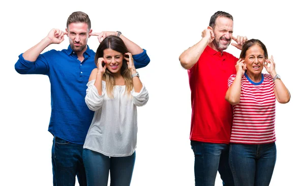 Collage Pareja Joven Madura Enamorada Sobre Fondo Aislado Cubriendo Las —  Fotos de Stock