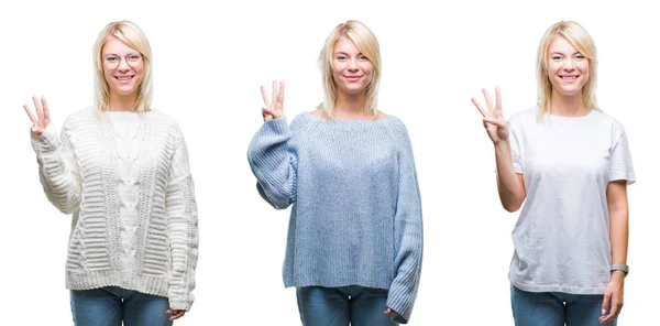 Collage Vacker Blond Kvinna Bär Vinter Tröja Över Isolerade Bakgrund — Stockfoto