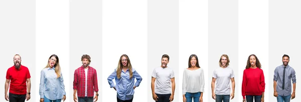 Collage Diferentes Etnias Jóvenes Sobre Rayas Blancas Aislado Fondo Sobresaliendo — Foto de Stock