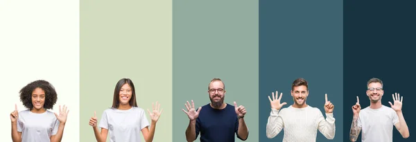 Collage Van Groep Jongeren Kleurrijke Geïsoleerde Achtergrond Weergeven Met Vingers — Stockfoto