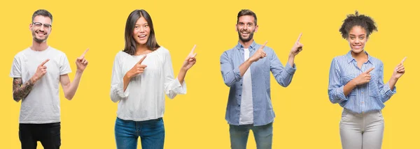 Collage Aus Gruppenmenschen Frauen Und Männern Vor Buntem Gelbem Hintergrund — Stockfoto