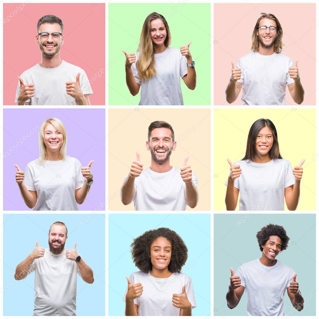 Collage of group people, women and men over colorful isolated background success sign doing positive gesture with hand, thumbs up smiling and happy. Looking at the camera with cheerful expression, winner gesture.