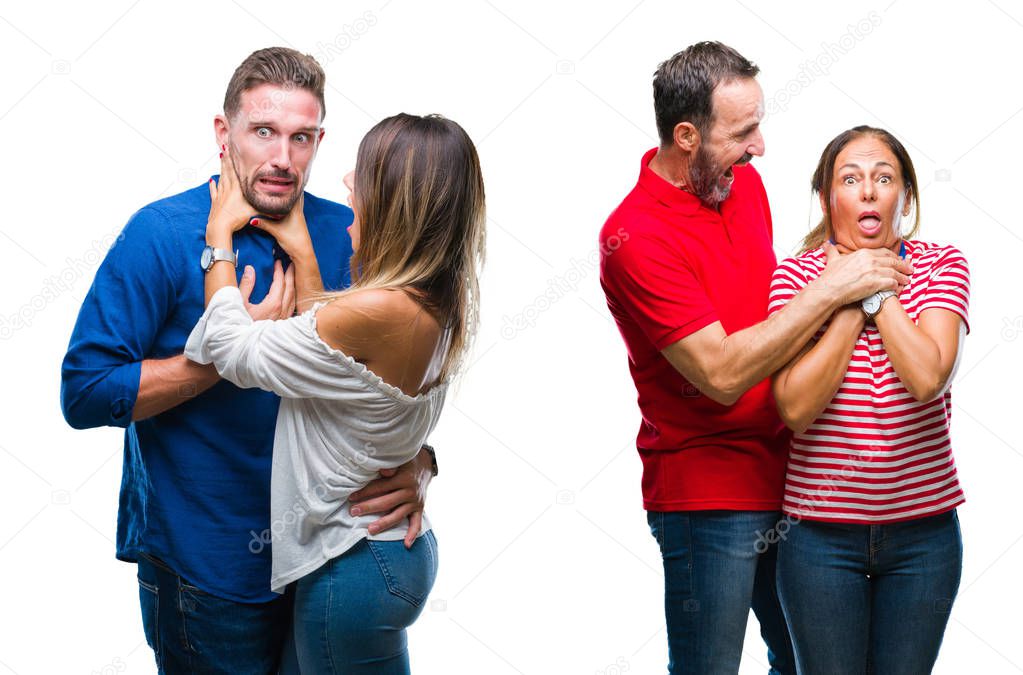 Collage of young and mature couple in love over isolated background shouting and suffocate because painful strangle. Health problem. Asphyxiate and suicide concept.