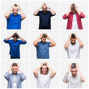 Kolaj bir grup adam çünkü umutsuz ve stresli baş ağrısı acı beyaz izole arka plan üzerinde ağrı ve migren. Ellerini kafasına.