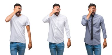 Yakışıklı genç Hintli uyku yorgun hayal ve ellerle birlikte poz ile kapalı gözler gülümseyen izole arka plan üzerine kolaj.