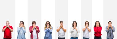 Farklı etnik genç insanlar üzerinde beyaz çizgili izole arka plan ağız hata için elleriyle kapsayan şok kolaj. Gizli kavramı.