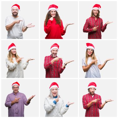 Collage of group of people wearing chrismast hat over isolated background amazed and smiling to the camera while presenting with hand and pointing with finger. clipart