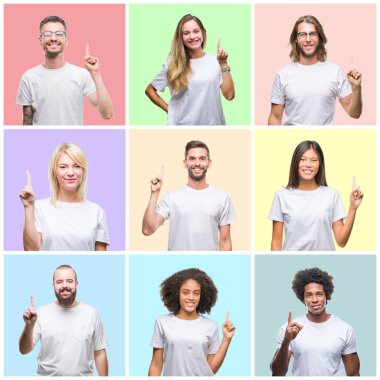Kolaj grup insanlar, kadın ve erkek üzerinde gösterilen ve kendinden emin ve mutlu gülümseyen bir parmak ile işaret eden oktan yukarı renkli izole arka plan.
