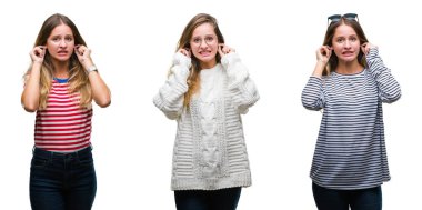 Kolaj genç güzel sarışın kadının parmak yüksek sesle müzik gürültü rahatsız ifade ile kulaklarıyla kapsayan izole arka plan üzerinde. Sağır kavramı.