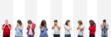 Kolaj farklı etnik genç insanların üzgün ifadeyle yüz eller ile ağlayarak süre kapsayan beyaz çizgili izole arka plan üzerinde. Depresyon kavramı.