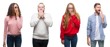 Kolaj grup beyaz izole arka plan üzerinde genç insan eliyle ağzını kapsayan yorgun esneme sıkılmış. Restless ve uyku hali.