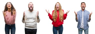 Kolaj üzerinde beyaz gençlerin grup bir arka plan deli izole ve deli bağırarak ve agresif ifade ve silah kaldırdı bağırıyor. Hayal kırıklığı kavramı.