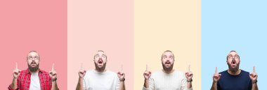 Renkli çizgili izole arka plan üzerinde sakallı genç adam kolaj hayrete ve yukarıya bakıyor ve parmakları ile işaret ve silah kaldırdı şaşırttı.