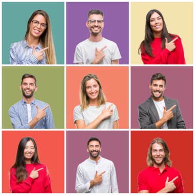 Bir gülümseme ile el ve parmak kadar yan yüzünde mutlu ve doğal ifade ile işaret yüz ile grup insanlar, kadın ve erkek üzerinde renkli izole arka plan neşeli kolaj