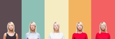 Güzel sarışın kadın vintage yüzünden kolaj arka yüzünde ciddi bir ifade ile izole. Basit ve doğal kameraya bakıyor.