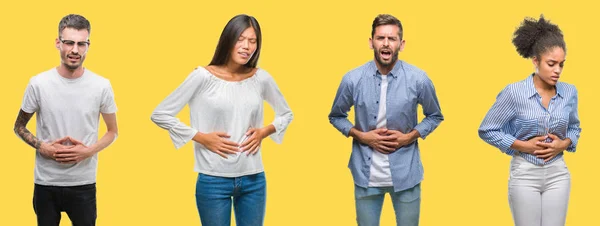Collage of group people, women and men over colorful yellow isolated background with hand on stomach because indigestion, painful illness feeling unwell. Ache concept.