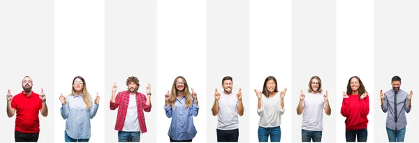 Collage Diferentes Etnias Jóvenes Sobre Rayas Blancas Fondo Aislado Sonriendo — Foto de Stock