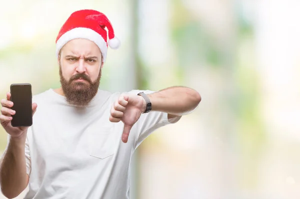 Joven Hombre Caucásico Con Sombrero Navidad Que Muestra Pantalla Del —  Fotos de Stock