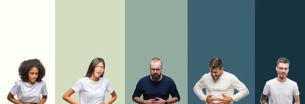 Colagem Grupo Jovens Sobre Fundo Colorido Isolado Com Mão Sobre — Fotografia de Stock