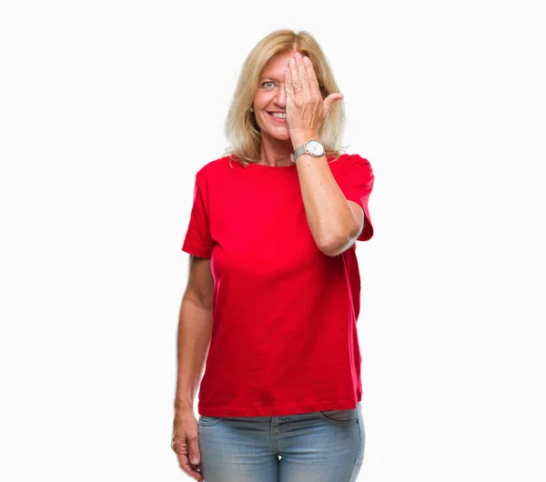 Middle Age Blonde Woman Isolated Background Covering One Eye Hand — Stock Photo, Image