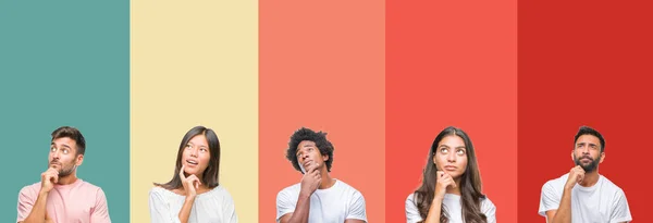 Collage Different Ethnics Young People Colorful Stripes Isolated Background Hand — Stock Photo, Image