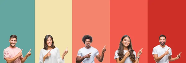 Collage Diferentes Etnias Jóvenes Sobre Rayas Coloridas Fondo Aislado Sonriendo —  Fotos de Stock