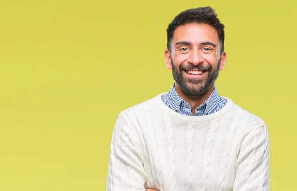 Uomo Ispanico Adulto Che Indossa Maglione Invernale Sfondo Isolato Volto — Foto Stock