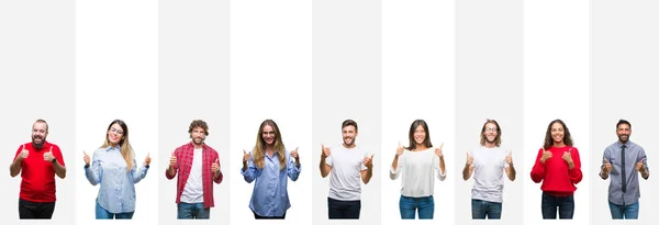 不同民族的拼贴年轻人在白色条纹孤立的背景成功标志做积极的手势用手 竖起大拇指微笑和快乐 带着欢快的表情 获胜者的手势看着镜头 — 图库照片