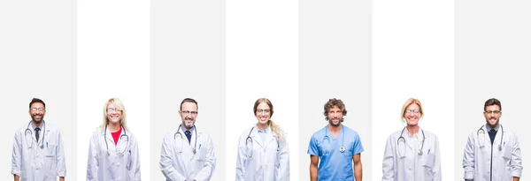 Collage Médicos Profesionales Sobre Rayas Fondo Aislado Con Una Sonrisa — Foto de Stock