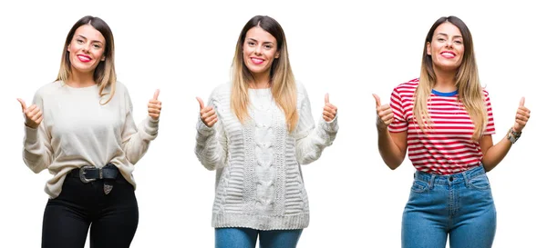 Collage Mujer Hermosa Joven Sobre Signo Éxito Fondo Aislado Haciendo — Foto de Stock