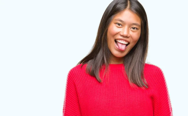 Junge Asiatische Frau Winterpullover Über Isoliertem Hintergrund Streckt Zunge Glücklich — Stockfoto