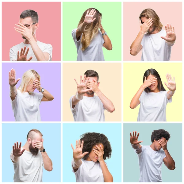 Collage Persone Gruppo Donne Uomini Sfondo Colorato Isolato Che Copre — Foto Stock